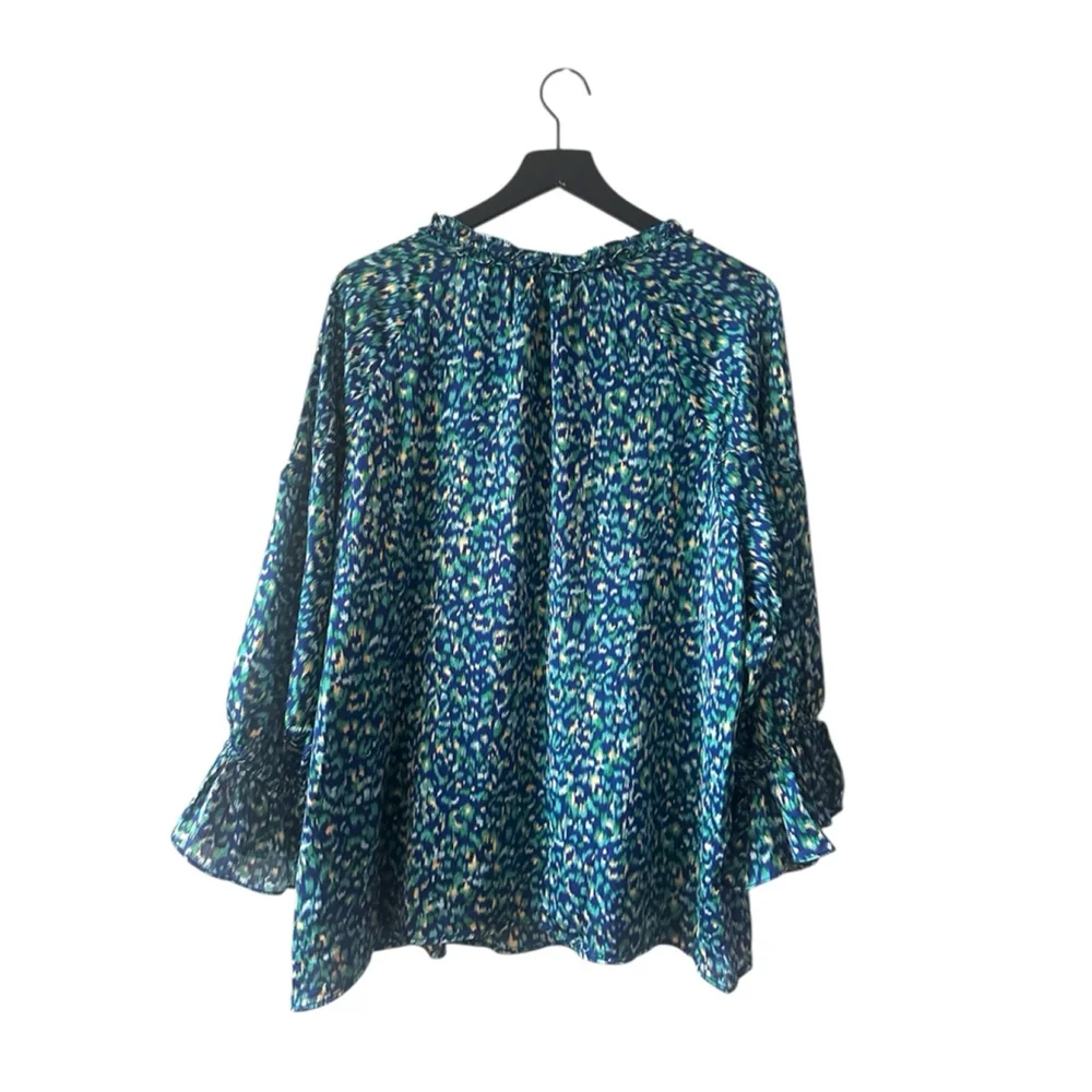 AnnieWear Los Angeles Boho Chiffon Blouse L Blue Green Ikat Ruffle Sleeve - Picture 9 of 10